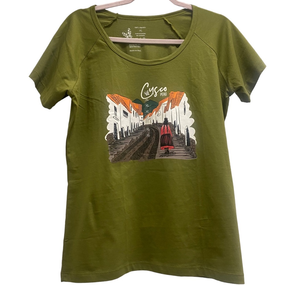 NWT XL Cuzco 100% Peruvian Cotton Olive Green Short Sleeve T-Shirt Scoop Neck - Picture 2 of 8